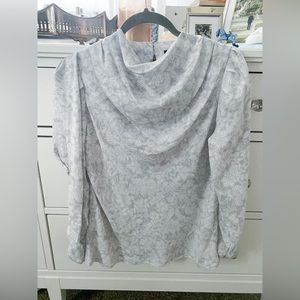 Ann Taylor Gray & White Lace Print Cowl Neck Blouse